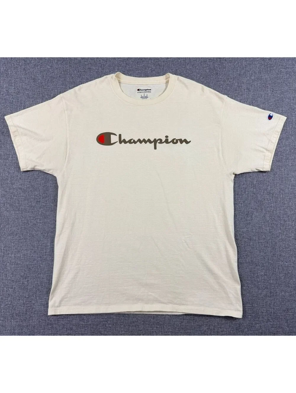 Champion Script Logo T-Shirt Mens Large Cream Spellout Athleticwear